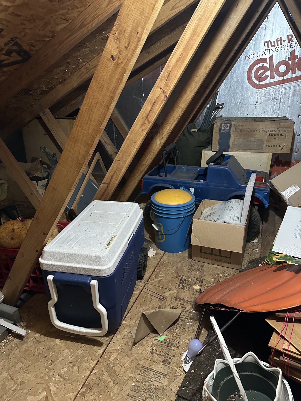 Attic clean out with coolers, buckets and old toys staged for removal