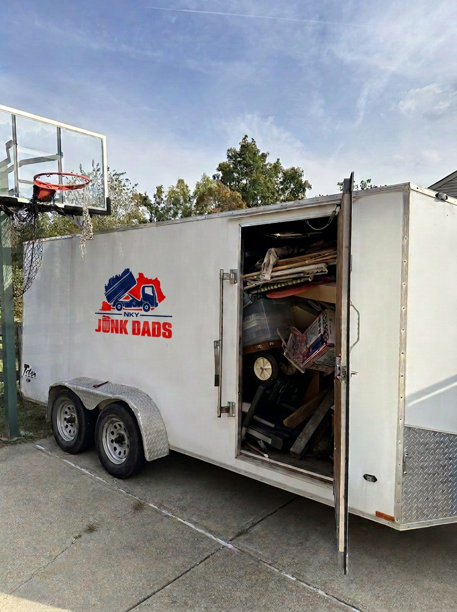 NKY Junk Dads enclosed trailer with branded logo, loaded with junk on a driveway
